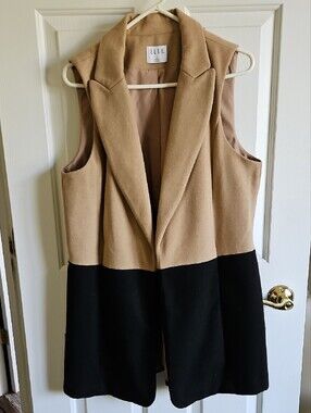 Elle Two-Tone Sleeveless Lined Long Wool-blend Vest Jacket in Camel and Black